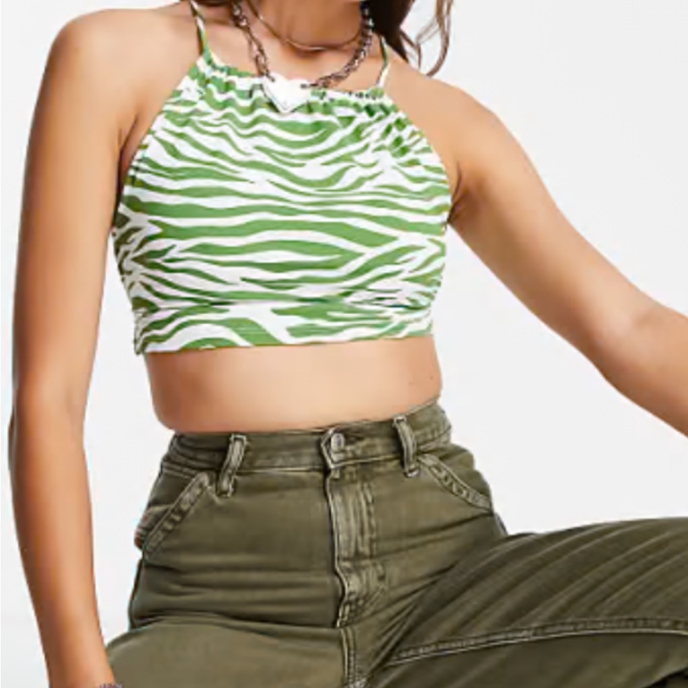 Bershka Green and White Zebra Print Strappy Crop Top